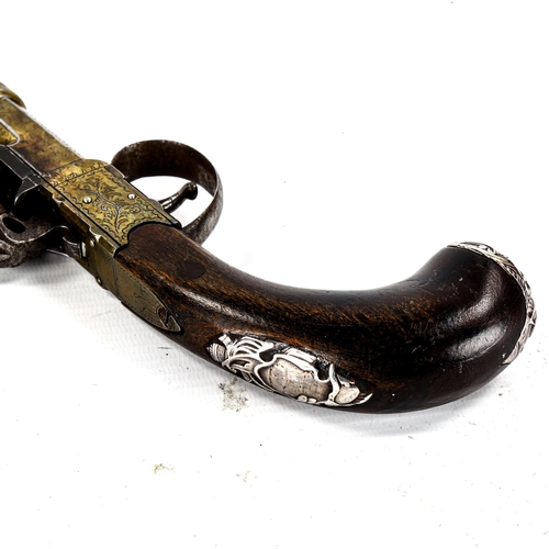 1232 - A Continental flintlock volley pistol, with later white metal screw-off cluster of 4 barrels, length... 