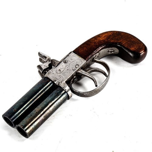 1234 - A 19th century percussion over and under pocket pistol, with double hammers and trigger, length 18cm