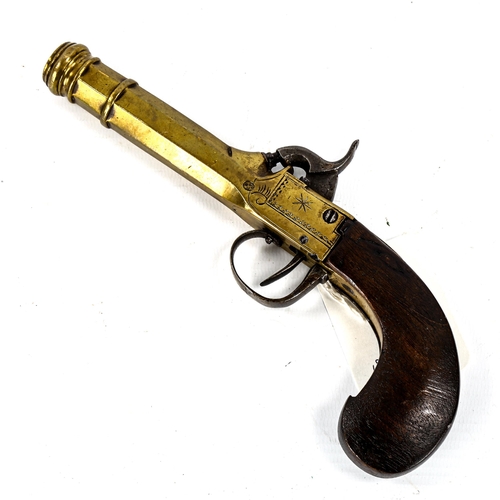 1236 - A mid-19th century pocket percussion pistol with brass cannon barrel, Liege proof marks circa 1850, ... 