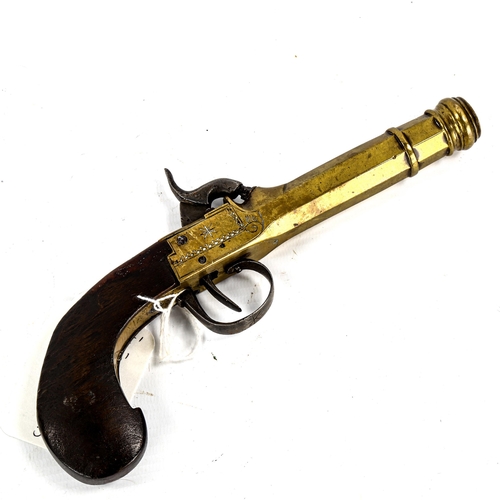 1236 - A mid-19th century pocket percussion pistol with brass cannon barrel, Liege proof marks circa 1850, ... 