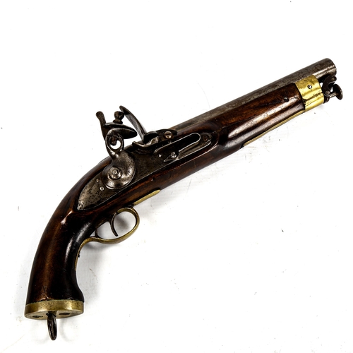 1240 - A flintlock holster pistol, circa 1800, with brass mounts, swivel ramrod length 38cm