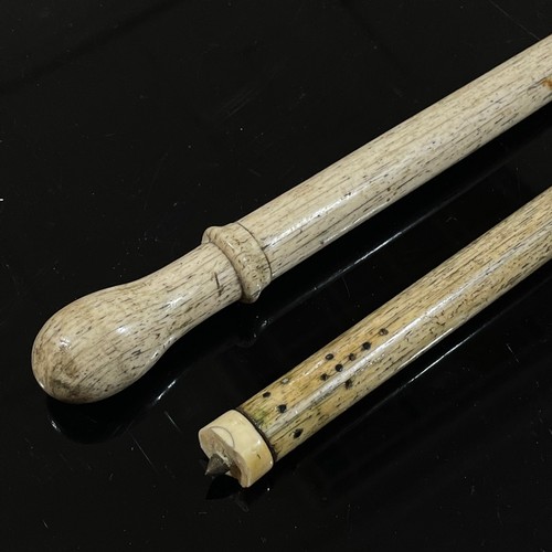 1107 - 2 x 19th century narwhal tusk walking sticks, 1 with a globular handle, length 88cm, the other lacki... 