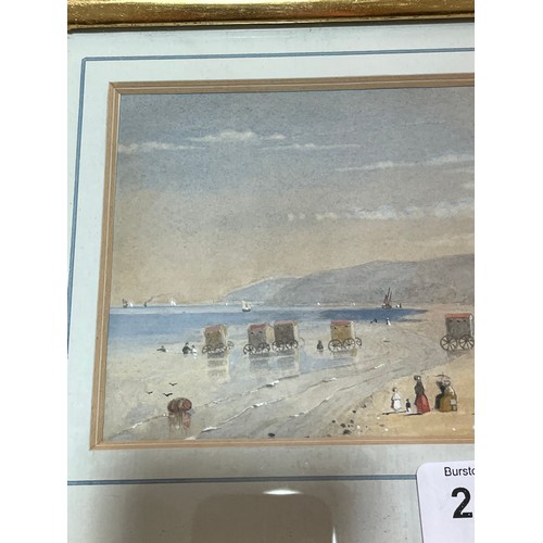 2062 - 19th century watercolour, bathing huts, unsigned, 10cm x 18cm, framed