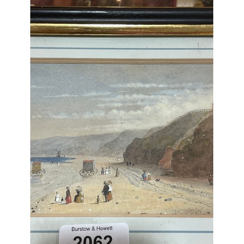 2062 - 19th century watercolour, bathing huts, unsigned, 10cm x 18cm, framed