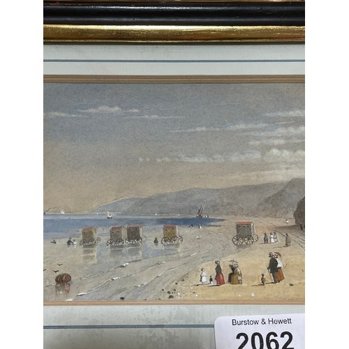 2062 - 19th century watercolour, bathing huts, unsigned, 10cm x 18cm, framed