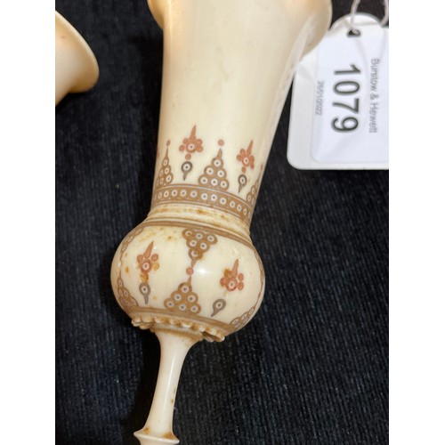 1079 - A pair of 19th century Indian ivory goblets with painted and engraved decoration, height 13cm