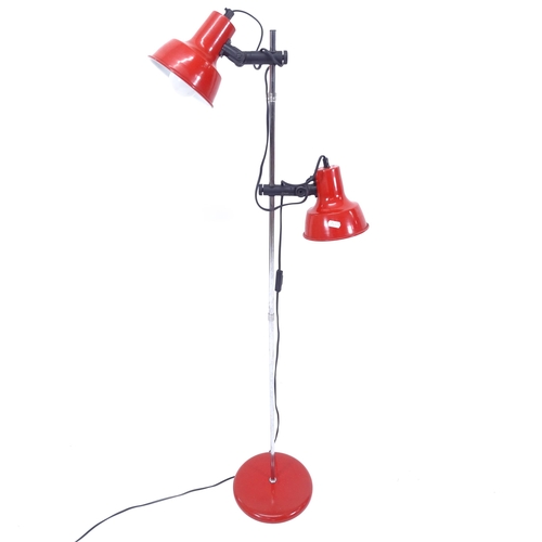 2012 - A Vintage red enamel floor lamp with 2 adjustable lights, H135cm