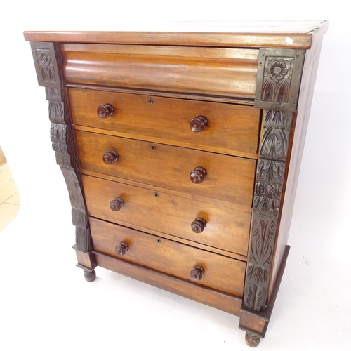 2027 - A Victorian mahogany Scottish chest, with single frieze drawer, and 4 long drawers under, with carve... 