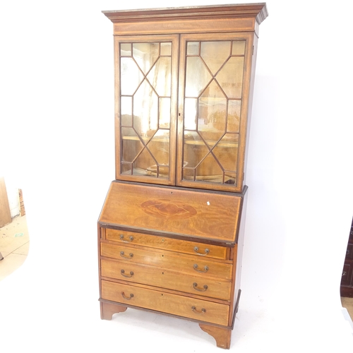 2035 - An Edwardian mahogany and satinwood-banded bureau bookcase, W100cm, H205cm, D48cm