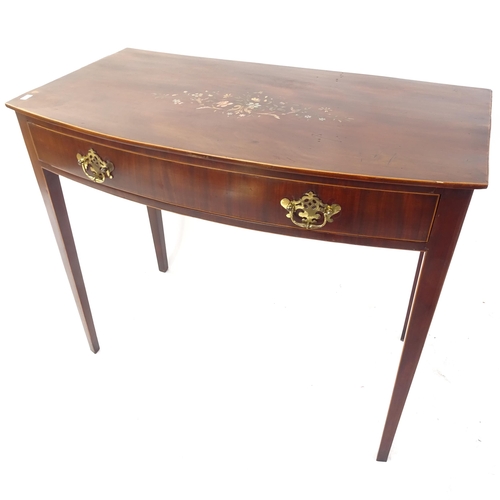 2037 - A 19th century mahogany bow-front side table, with painted floral top, with a satinwood-strung friez... 