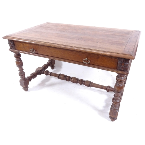 2039 - A 19th century oak library table, with single frieze drawer and stretcher base, 130cm x 79cm