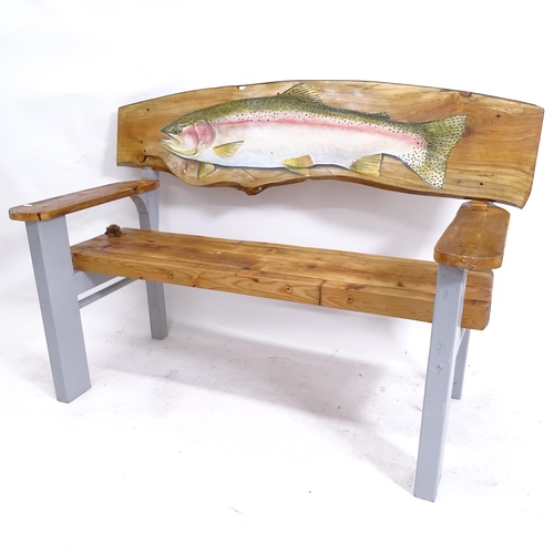 2041 - CLIVE FREDRIKSSON - a handmade painted and polished pine bench, with painted fish back panel, W120cm