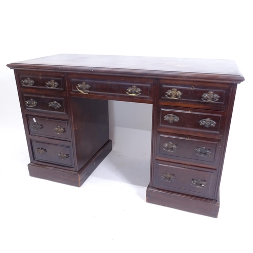 2042 - An Edwardian mahogany kneehole pedestal writing desk, with fitted drawers, W130cm, H80cm, D56cm, kne... 