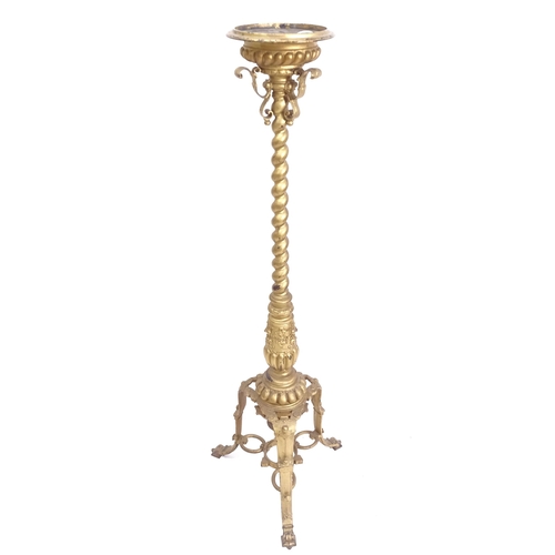 2046 - A 19th century cast bronze torcher stand, with spiral twist centre column and tripod base, height 12... 