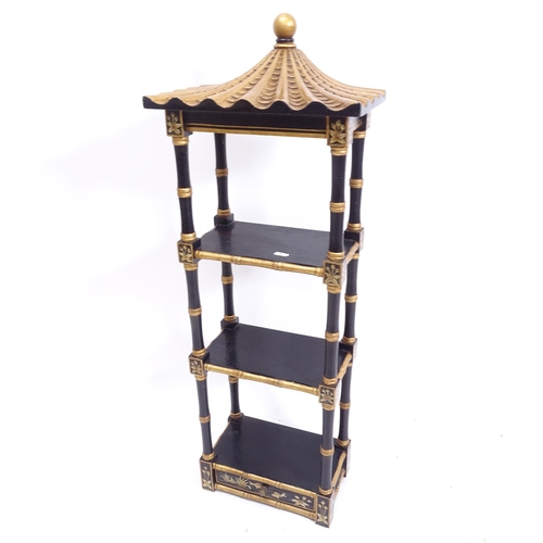 2054 - A pagoda style ebonised and gilded table-top open bookcase of small size, with 3 shelves and short d... 