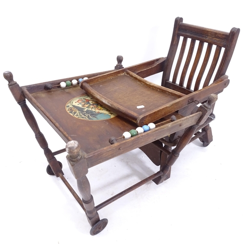 2064 - WITHDRAWN - An early 20th century oak metamorphic high chair with painted panel