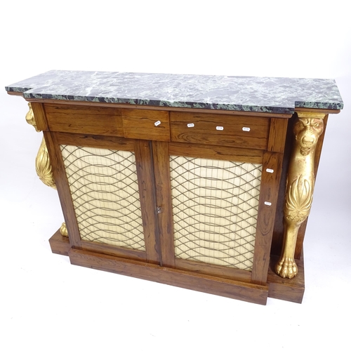 2066 - A Regency rosewood break-front credenza, with shaped marble top, single frieze drawer, mesh panelled... 