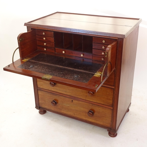 2071 - A 19th century mahogany secretaire chest, on bun feet, W94cm, H102cm, D58cm