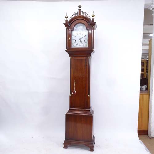 2081 - A reproduction longcase clock, with an 8-day arch-top moonphase dial, complete with pendulum and 3 w... 