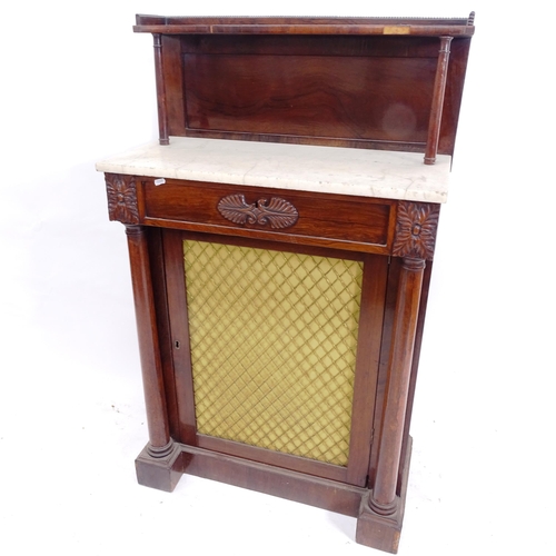 2101 - A Regency rosewood chiffonier, with raised panelled back, a white marble top, single frieze drawer w... 