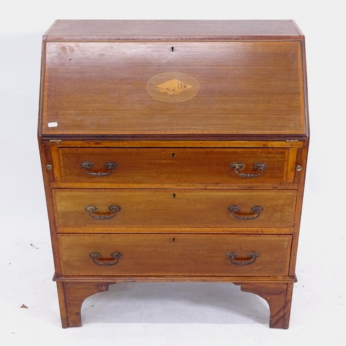 2112 - An Edwardian mahogany and satinwood-banded bureau, with long graduated drawers, W76cm, H98cm, D43cm