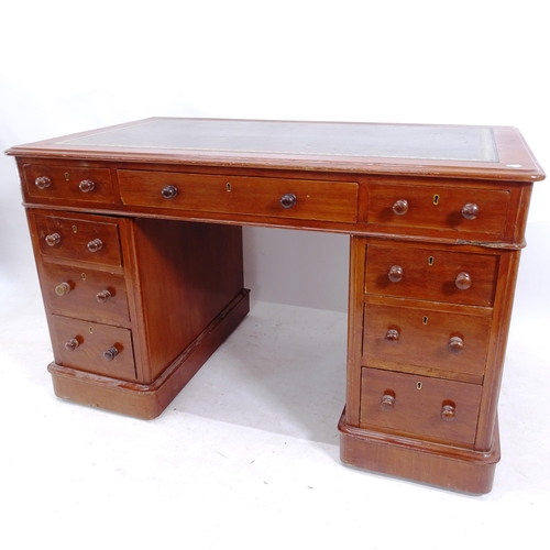 2115 - A Victorian mahogany twin-pedestal writing desk, W122cm, H75cm, D70cm, kneehole width 50cm and heigh... 