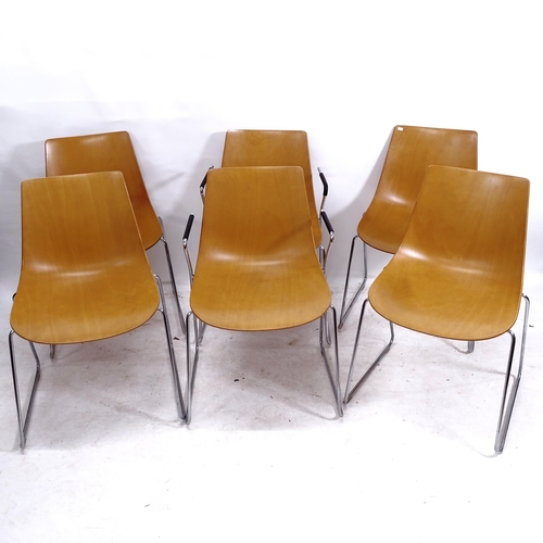 2136 - A set of 6 contemporary Allermuir Curve chairs, in moulded ply, with chrome sled base (2 armchairs a... 