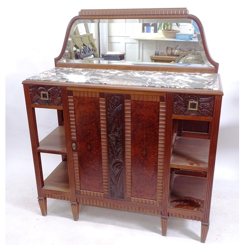 2151 - A French Art Deco buffet, with raised shaped mirrored back, marble top, 2 frieze drawers and carved ... 