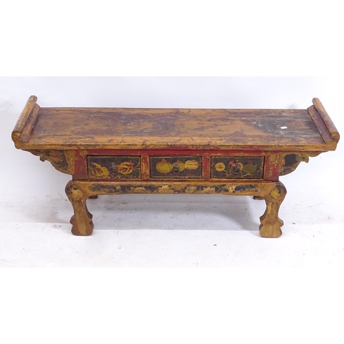 2158 - A low Chinese elm altar table/stool, with 3 drawers and original paint finish, L119cm, H47cm, D33cm