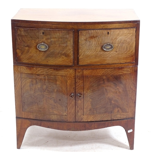 2165 - A Georgian mahogany bow-front cabinet, with 2 frieze drawers and cupboards under, on splayed bracket... 