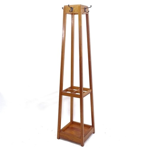 2169 - An Arts and Crafts design teak hat, coat and umbrella stand of tapered form, H178cm