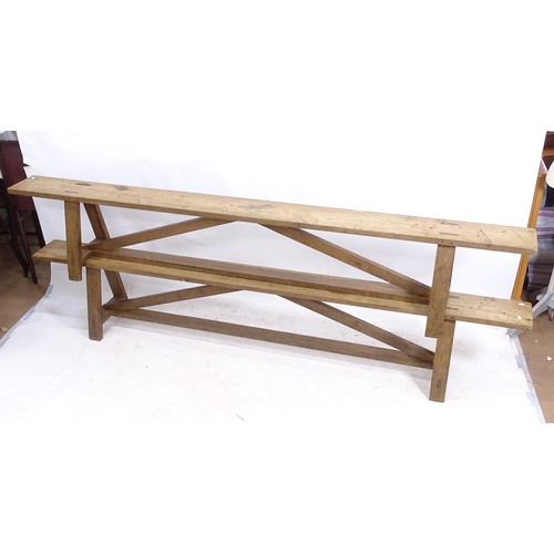 2176 - A pair of Victorian A-frame trestle benches, L250cm, H44cm, D21cm