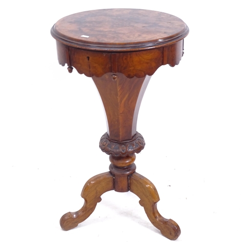 2180 - A Victorian walnut trumpet work box, H78cm