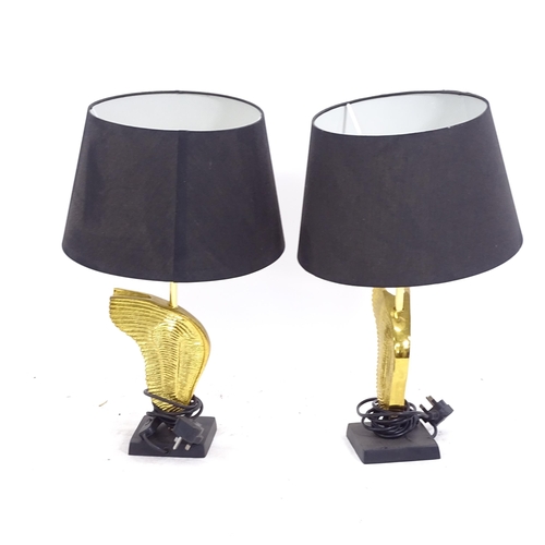 2181 - A pair of Heathfield table lamps and shades, on gold wing columns, height including shade 55cm