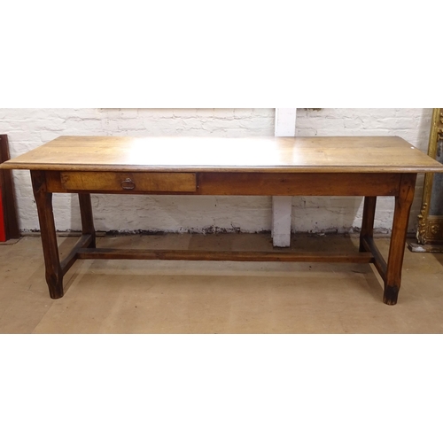 2182 - An Antique oak refectory dining table, with 2 frieze drawers, on H-shaped stretcher and shaped legs,... 