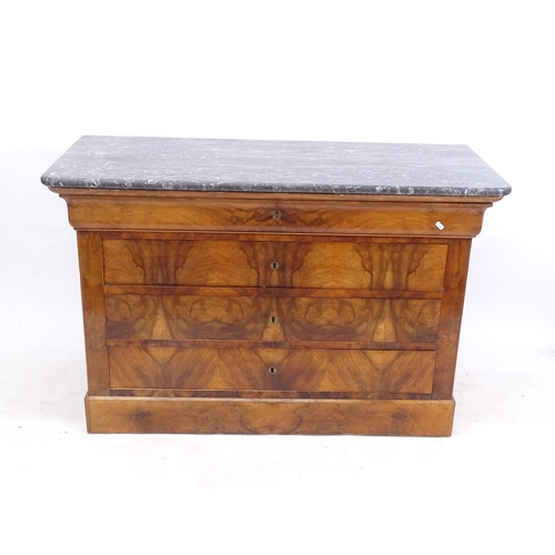 2187 - A 19th century Continental walnut commode, with a grey veined marble top, and 4 long drawers under, ... 