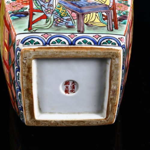 101 - A Chinese square-section double-gourd vase, hand painted and enamelled figural decoration, 6 charact... 