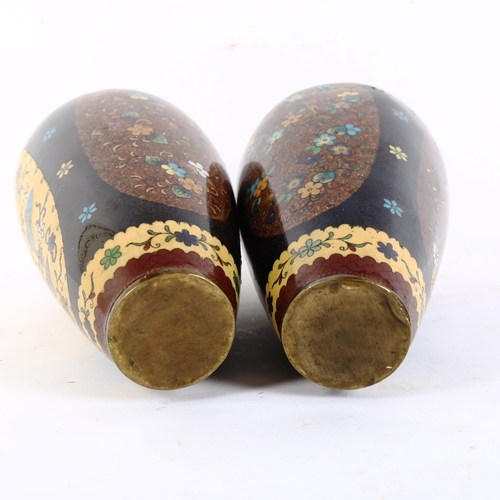 106 - A pair of Japanese cloisonne enamel vases, exotic bird and butterfly decoration, height 25cm (some e... 