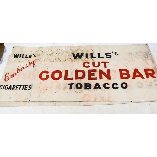 62 - 2 Wills's Embassy Cigarettes canvas advertising signs, including Three Castles and Cut Golden Bar, 1... 