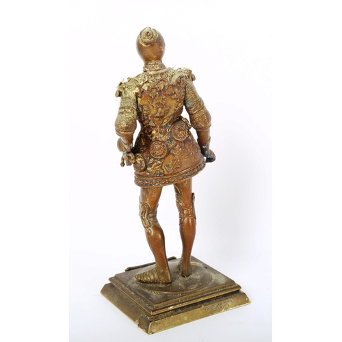 72 - F R Unterberger, small bronze figural sculpture, King Arthur, signed, height 18cm (sword A/F)