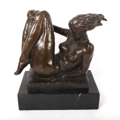 74 - A modernist patinated composition sculpture, nude lady, unsigned, on black marble base, height 21cm