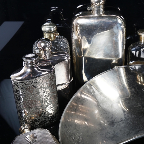 80 - A quantity of silver plated spirit flasks, including jumbo and hot water bottle belly warmer example... 