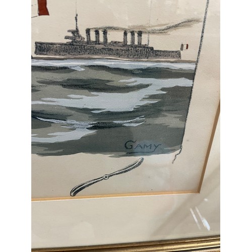 1258 - After Gamy, early lithograph, depicting aircraft and battleships, 