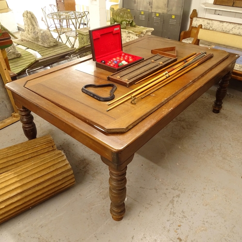 2673 - An early 20th century quarter-size snooker dining table, with rollover slate-bed, complete with cues... 