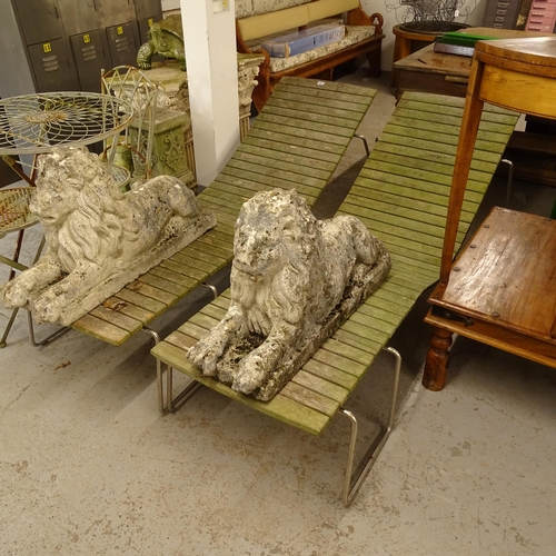 2680 - A pair of mid-century teak and stainless steel garden loungers