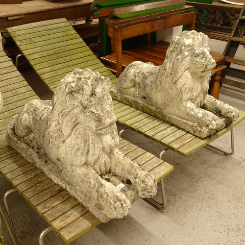 2681 - A pair of painted and weathered concrete recumbent lions, L85cm, H50cm