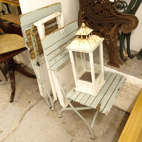 2698 - A pair of folding garden chairs, a painted butler's tray on stand, and painted lantern