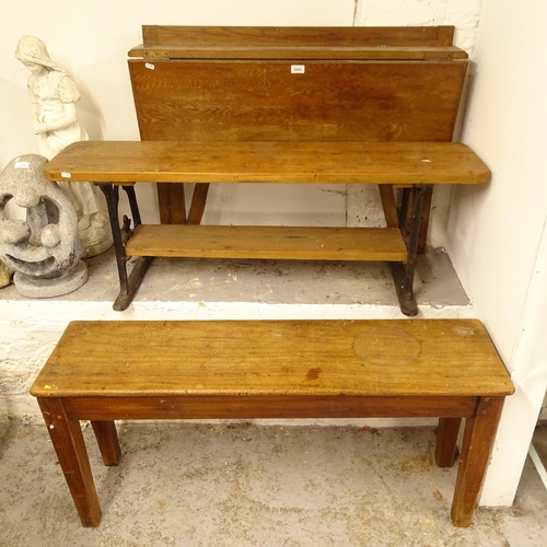 2699 - A teak rectangular bench, L116cm, and oak single drop leaf table, L98cm, and a small pine wrought-ir... 