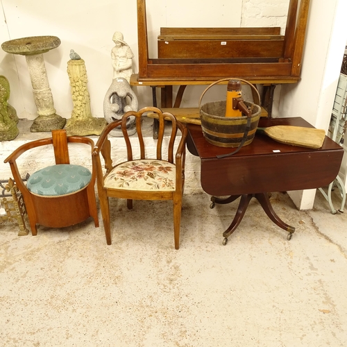 2700 - A 19th century mahogany drop leaf breakfast table, on sabre leg base, W84cm, 2 bow-arm chairs, 1 wit... 