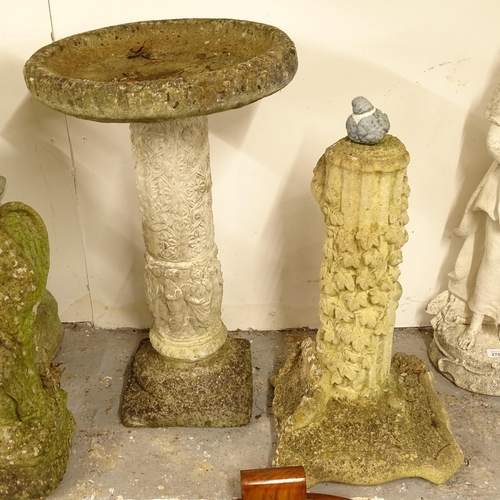 2703 - A textured and weathered concrete 2-section garden bird bath, H67cm, and a pedestal, H57cm